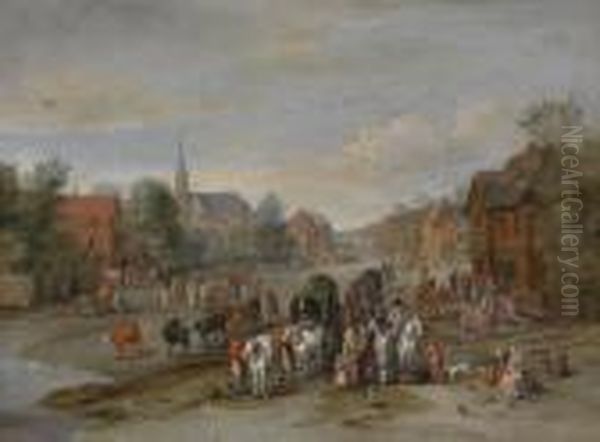 Village Street With Horses And Carts Andnumerous People Oil Painting by Jan The Elder Brueghel