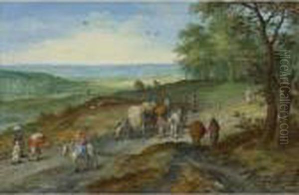 A Panoramic Landscape With A Covered Wagon And Travelers On Ahighway Oil Painting by Jan The Elder Brueghel