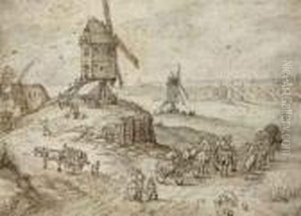 A Landscape With Windmills, Travellers And Wagons In The Foregroundand A Town Beyond Oil Painting by Jan The Elder Brueghel