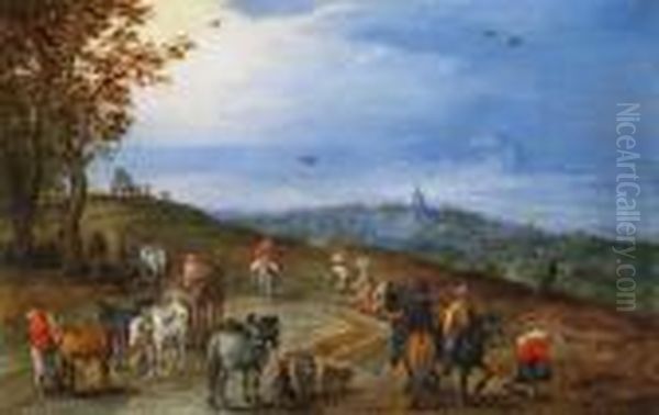 Weite Landschaft Mitpferdekarren, Reitern Und Wanderern Oil Painting by Jan The Elder Brueghel