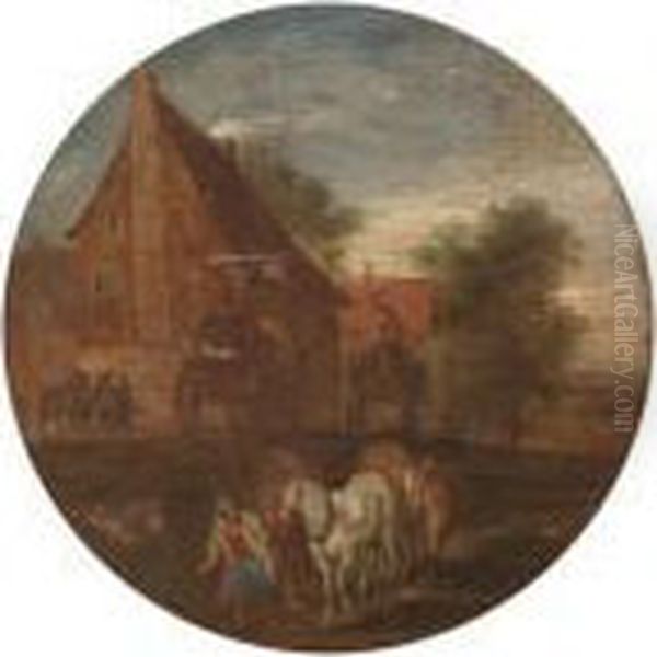 Charette Et Paysans Dans Une Cour De Ferme Oil Painting by Jan The Elder Brueghel