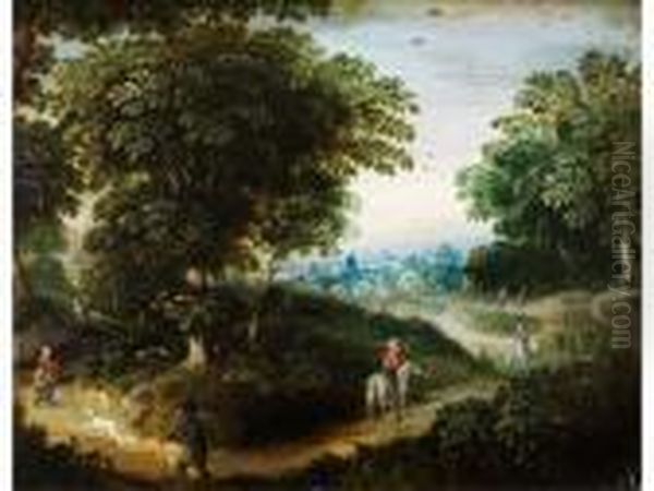 Waldlandschaft Mit Reitern, Passantenund Einem Hund Oil Painting by Jan The Elder Brueghel