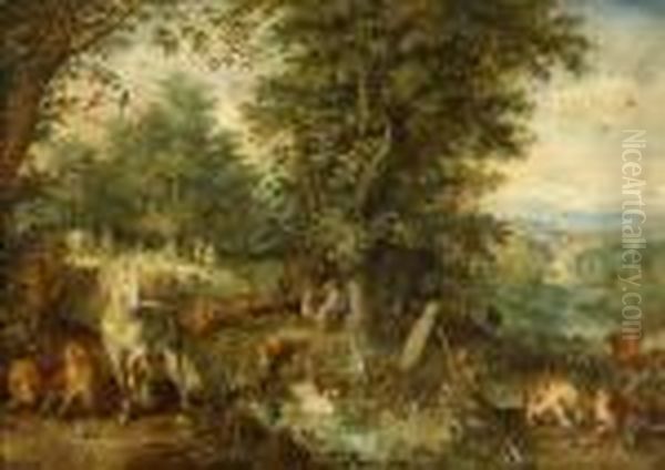 Adamo Ed Eva Nel Giardino Dell'eden Oil Painting by Jan The Elder Brueghel