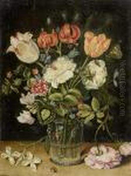 Flowers In A Glass Vase Oil Painting by Jan The Elder Brueghel