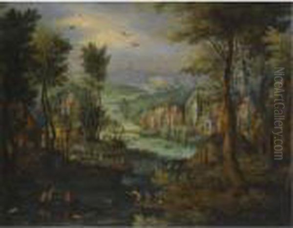 A River Landscape With Figures Bathing And A Village Beyond Oil Painting by Jan The Elder Brueghel