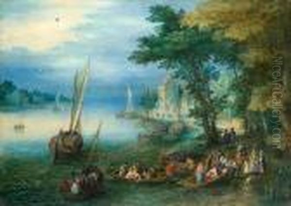 A River Landscape With Figures Disembarking From A Ferry Oil Painting by Jan The Elder Brueghel