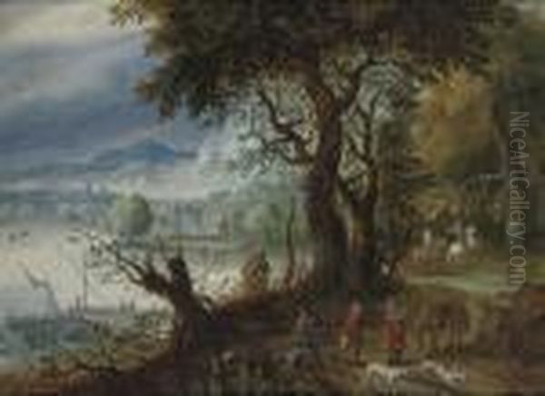 A Wooded River Landscape With A Hunting Party On A Track, Shipping And Villages Beyond Oil Painting by Jan The Elder Brueghel