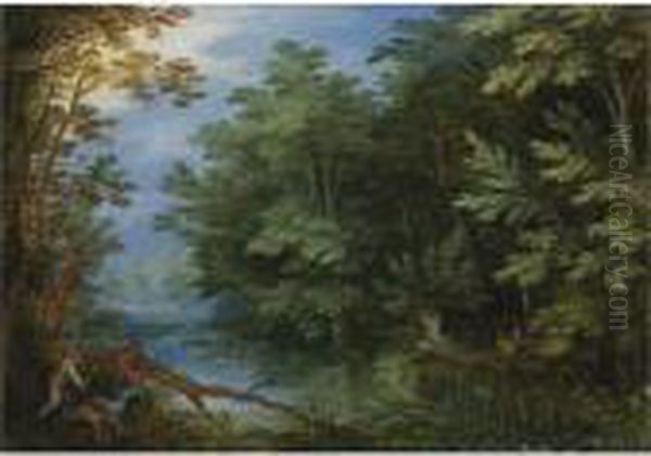 A Wooded River Landscape With Sportsmen Oil Painting by Jan The Elder Brueghel