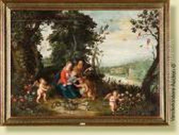 La Sainte Famille Entouree D'angelots Sur Une Berge Fleurie Oil Painting by Jan The Elder Brueghel