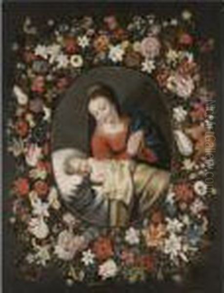 The Virgin And Sleeping Christ Child Surrounded By A Garland Offlowers Oil Painting by Jan The Elder Brueghel