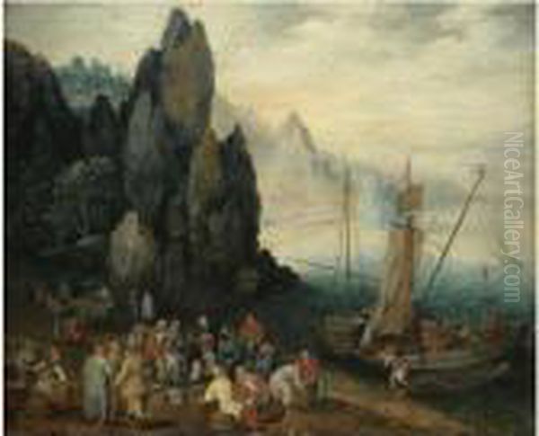 A Rocky Coastal Landscape With Fishermen Unloading Their Catch,craggy Mountains Beyond Oil Painting by Jan The Elder Brueghel