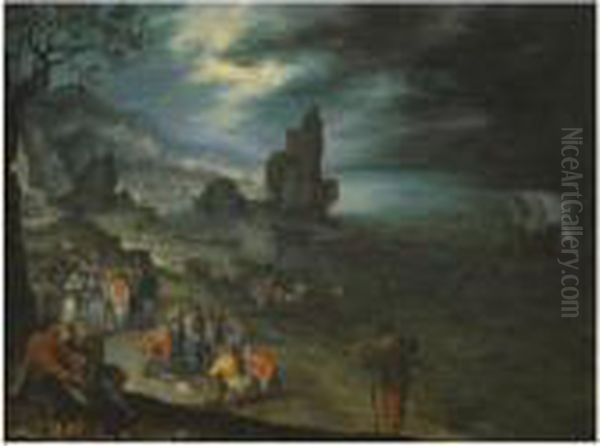 An Extensive Coastal Landscape 
With Fishermen Landing Andselling Their Catch, The Sacrifice Of Jonah 
Offshore Oil Painting by Jan The Elder Brueghel