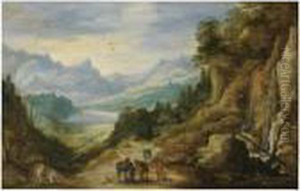 A Distant Mountainous Landscape With Cavaliers Oil Painting by Jan The Elder Brueghel