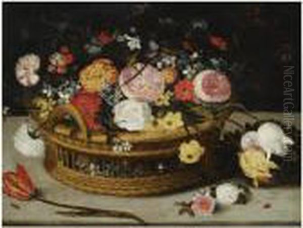 Still Life Of Roses, Tulips, 
Chrysanthemums, Anemones And Otherflowers, All In A Basket On Stone 
Ledge, Together With A Lady-birdand A Tiny Beetle Oil Painting by Jan The Elder Brueghel