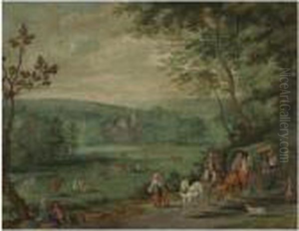 Wooded Landscape With Travellers In A Horse And Cart On A Path, Achateau Beyond Oil Painting by Jan The Elder Brueghel