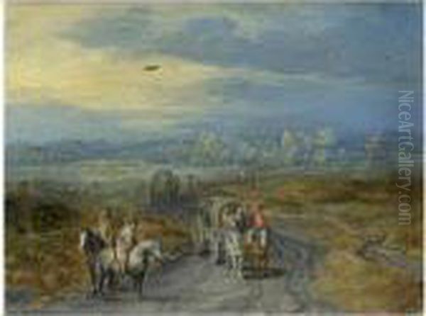 Travellers On A Country Road With A Village Beyond Oil Painting by Jan The Elder Brueghel