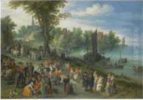 The Edge Of A Village With 
Figures Dancing On The Bank Of A Riverand A Fish-seller And A Self 
Portrait Of The Artist In Theforeground Oil Painting by Jan The Elder Brueghel