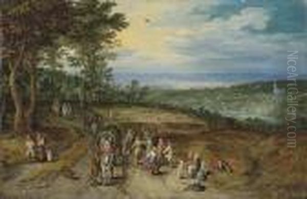 An Extensive Wooded Landscape 
With Travellers On A Track Andpeasants Dancing In The Foreground Oil Painting by Jan The Elder Brueghel