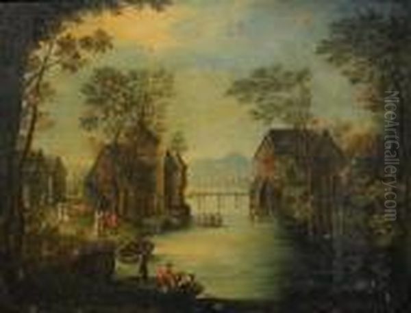 Stadsvy Med Fiskande Bonder Oil Painting by Jan The Elder Brueghel