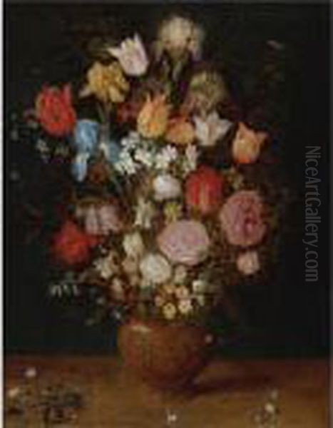 Still Life With Tulips, Irises, Narcissi And Fritillaria In A Clay Vase Oil Painting by Jan The Elder Brueghel