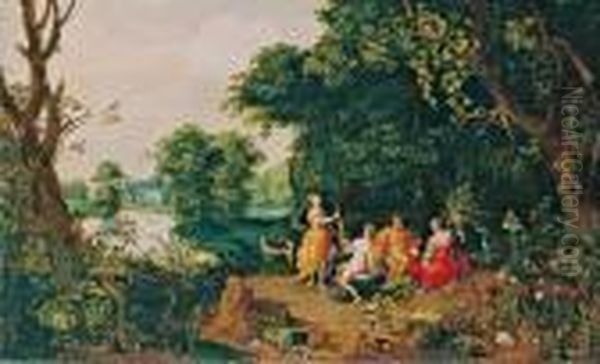 Waldlandschaft Mit Bacchus Und Drei Gottinnen. Oil Painting by Jan The Elder Brueghel