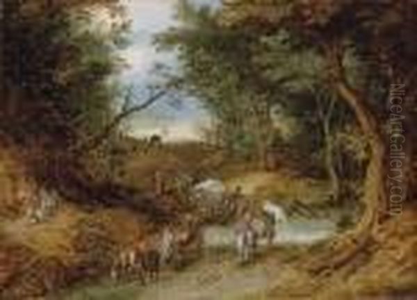 A Wooded Landscape With Travellers On A Path Oil Painting by Jan The Elder Brueghel