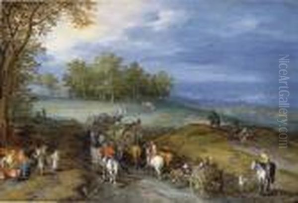 A Extensive Open Landscape With Travellers On A Path Oil Painting by Jan The Elder Brueghel