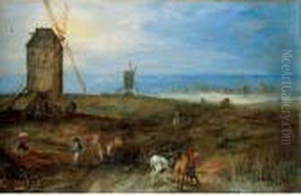 Open Landscape With Travellers Before A Windmill Oil Painting by Jan The Elder Brueghel