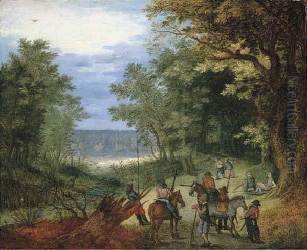 A Wooded Landscape With Soldiers Resting On A Path By A Stream Oil Painting by Jan The Elder Brueghel