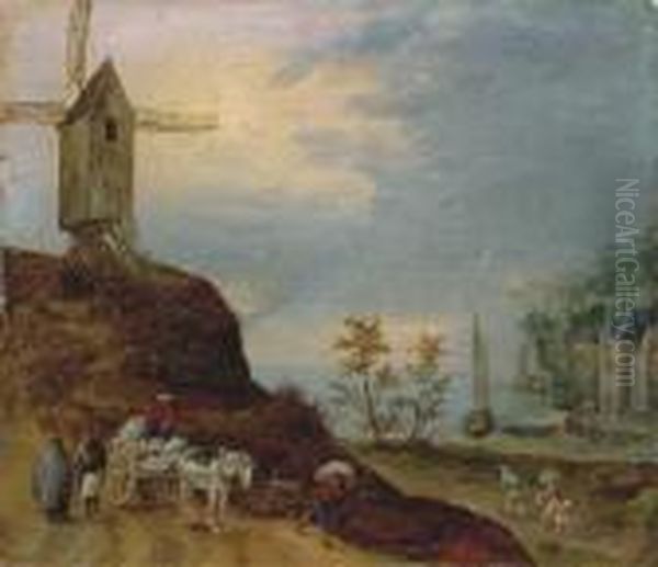 An Extensive River Landscape With A Windmill And Travellers On Apath Oil Painting by Jan The Elder Brueghel