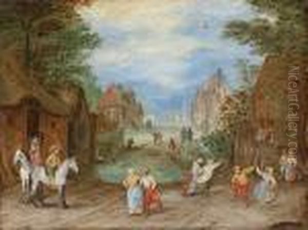 A Village Street With Peasants Dancing And Horsemen Looking On Oil Painting by Jan The Elder Brueghel