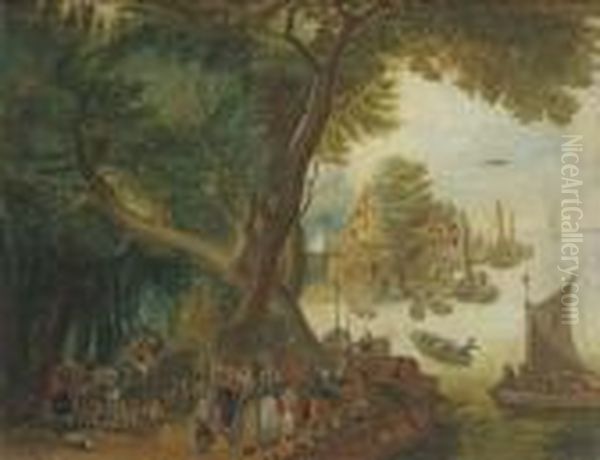 A River Landscape With Elegant Figures, A Village And Sailing Boats In The Distance Oil Painting by Jan The Elder Brueghel