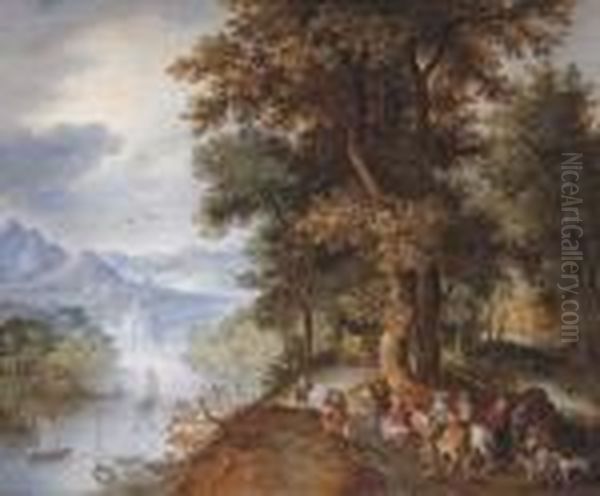 An Extensive Mountainous River 
Landscape With Horsemen And Figuresreturning From The Falconry, Villages
 In The Valley Beyond Oil Painting by Jan The Elder Brueghel