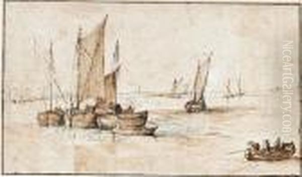 River Estuary With Sailing Barges Off Shore Oil Painting by Jan The Elder Brueghel