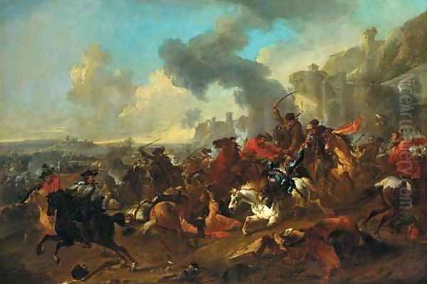 A cavalry engagement before a fortified town Oil Painting by Jan von Huchtenburgh