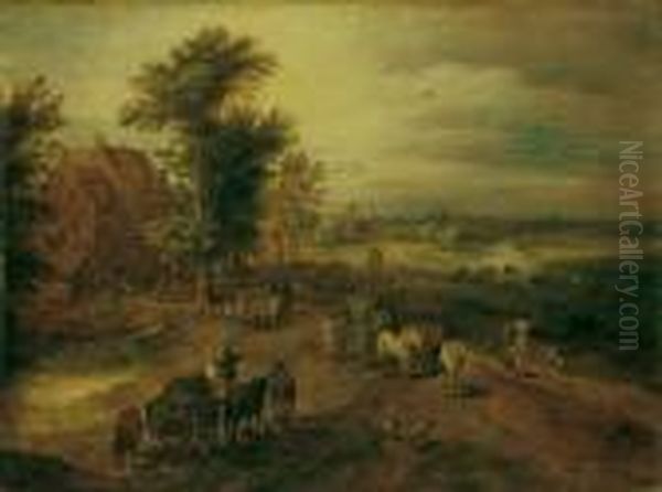 Fuhrwerken. Ol Auf Holz. H 32,5; B 44 Cm Oil Painting by Jan The Elder Brueghel