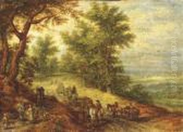 A Wooded Landscape With Travellers On A Path Oil Painting by Jan The Elder Brueghel