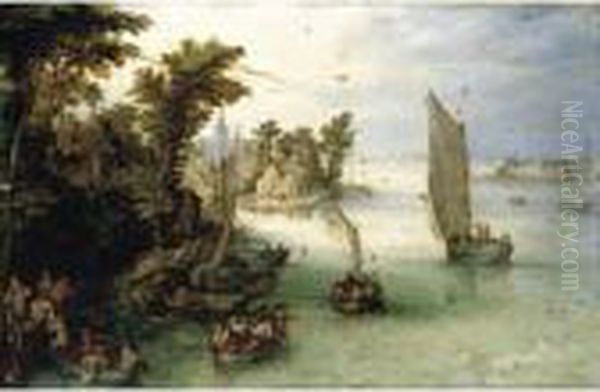 A River Scene With Boats Unloading At A Quay, And A Village Beyond Oil Painting by Jan The Elder Brueghel