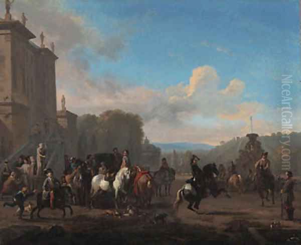 A hunting party by a fountain outside a mansion Oil Painting by Jan von Huchtenburgh