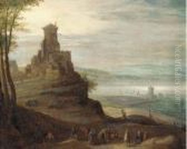 A River Valley With Travellers On A Path By A Hilltop Castle Oil Painting by Jan The Elder Brueghel