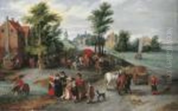 A Village Landscape With Wagons 
On A Track By A River, An Elegant Family In The Foreground, A Peasant 
Watering His Horse At A Pond Beyond Oil Painting by Jan The Elder Brueghel