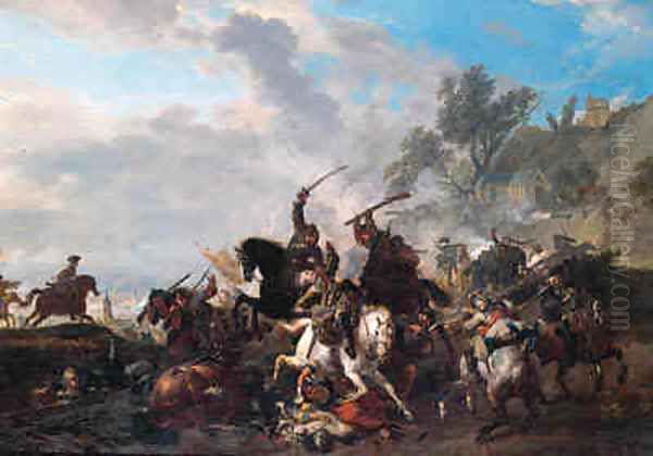 A cavalry skirmish, a river beyond Oil Painting by Jan von Huchtenburgh