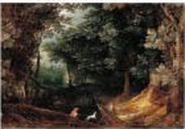 A Wooded Landscape With Sportsmen Oil Painting by Jan The Elder Brueghel