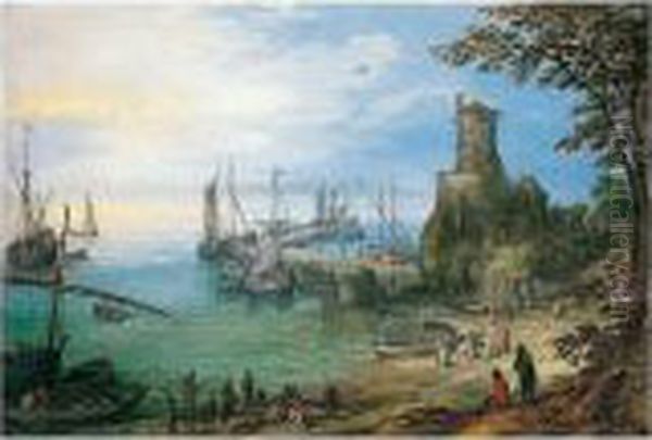 A Harbour Scene Overlooked By A Watchtower With Fishermen Unloading Their Catch Oil Painting by Jan The Elder Brueghel