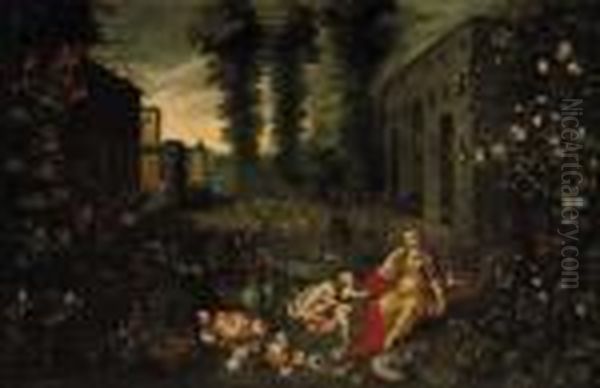 An Allegory Of Smell: A Putto 
Offering Flowers To A Nymph In The Garden Of A Palatial Mansion Oil Painting by Jan The Elder Brueghel