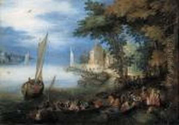 A River Landscape With A Ferry Arriving Near A Landingstage, A Sailing Vessel Nearby Oil Painting by Jan The Elder Brueghel