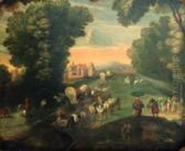 Peasants And Travellers On A Road By A Fortified Mansion Oil Painting by Jan The Elder Brueghel