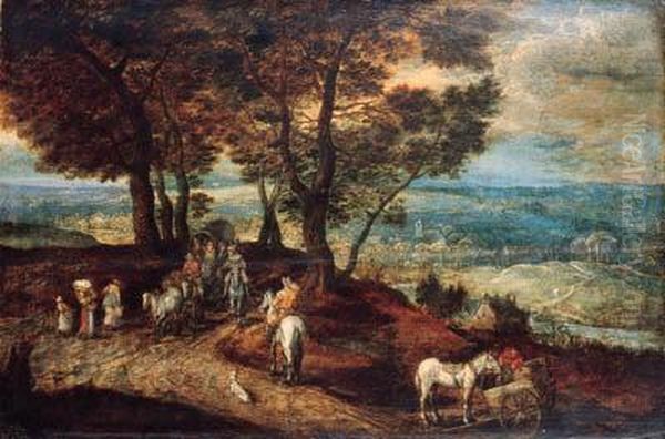 Travellers With Horses And Wagons On A Country Road In Amountainous Landscape Oil Painting by Jan The Elder Brueghel