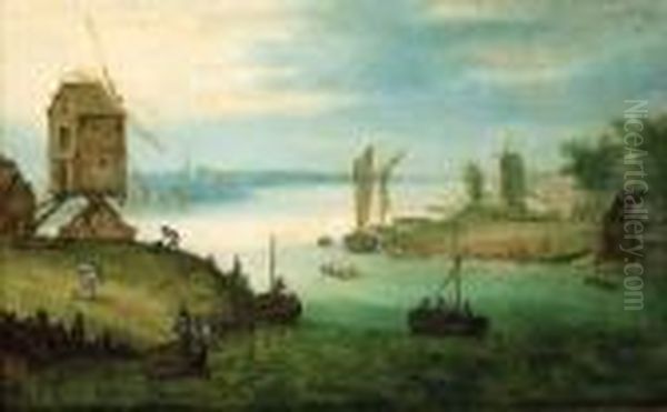 A River Landscape With A Ferry At A Landing Stage By Awindmill Oil Painting by Jan The Elder Brueghel