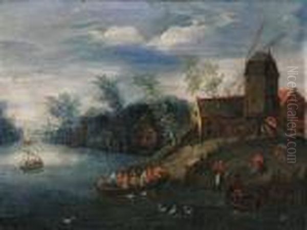 A River Landscape, With Peasants
 At A Landing Stage, A Windmillnearby; And Peasants In Ferries And 
Carts, A Village Beyond Oil Painting by Jan The Elder Brueghel